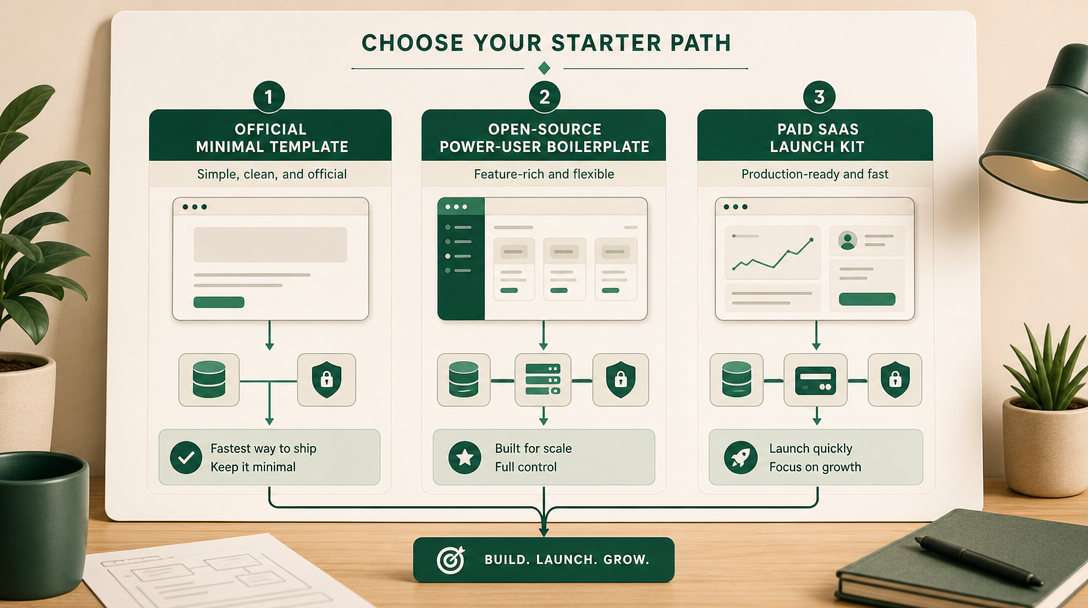 Editorial diagram showing the three real lanes in the Next.js boilerplate market: official template, open-source starter, and paid launch kit.